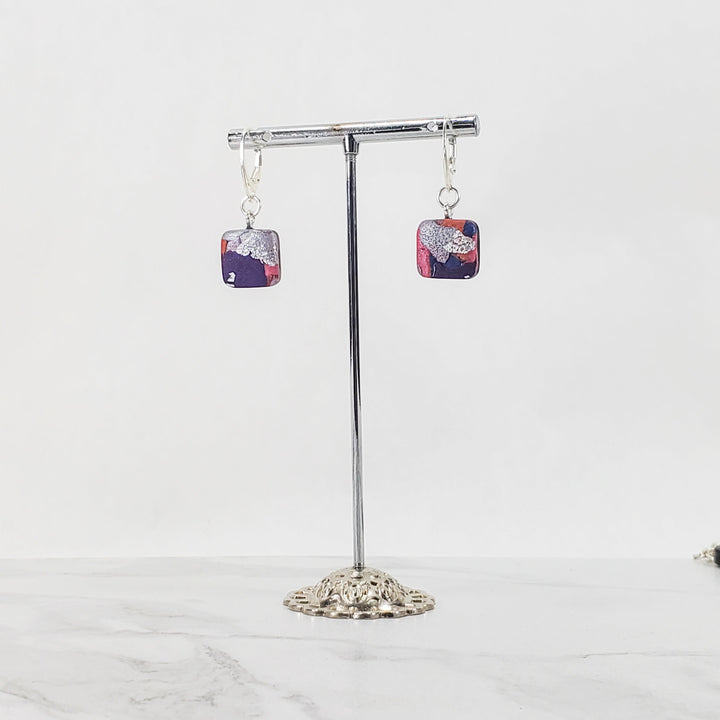 Square Dangle Earring - Marbled - Viva Magenta-Earrings-Tiry Originals, LLC