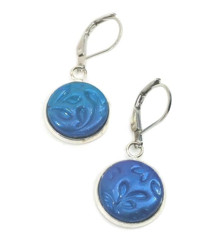 14mm Round Bezel Dangle Earring - Blue-Sale-Tiry Originals, LLC