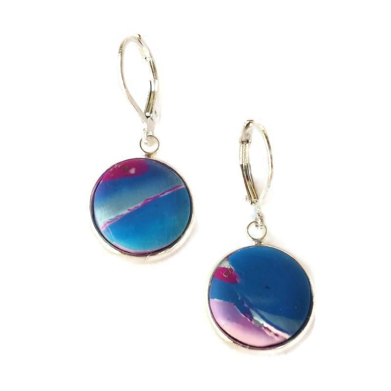 14mm Round Bezel Dangle Earring - Blue-Sale-Tiry Originals, LLC