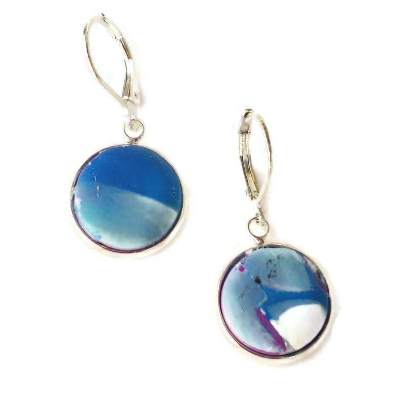 14mm Round Bezel Dangle Earring - Blue-Sale-Tiry Originals, LLC