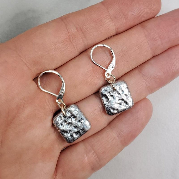 14mm Square Dangle Earring - Chrome-Earrings-PME06 CDimpled-Chrome - Dimpled-Tiry Originals, LLC