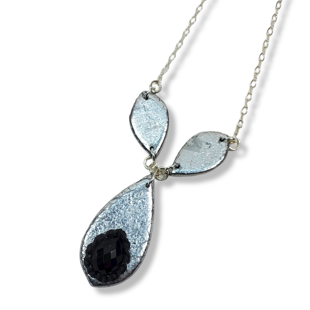 Black Crystal Leaf Link Necklace - Chrome-Necklace-PMN29 #1 Chrome-Option #1-Tiry Originals, LLC