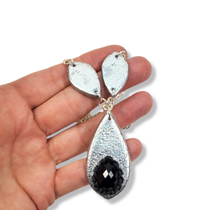 Black Crystal Leaf Link Necklace - Chrome-Necklace-Tiry Originals, LLC