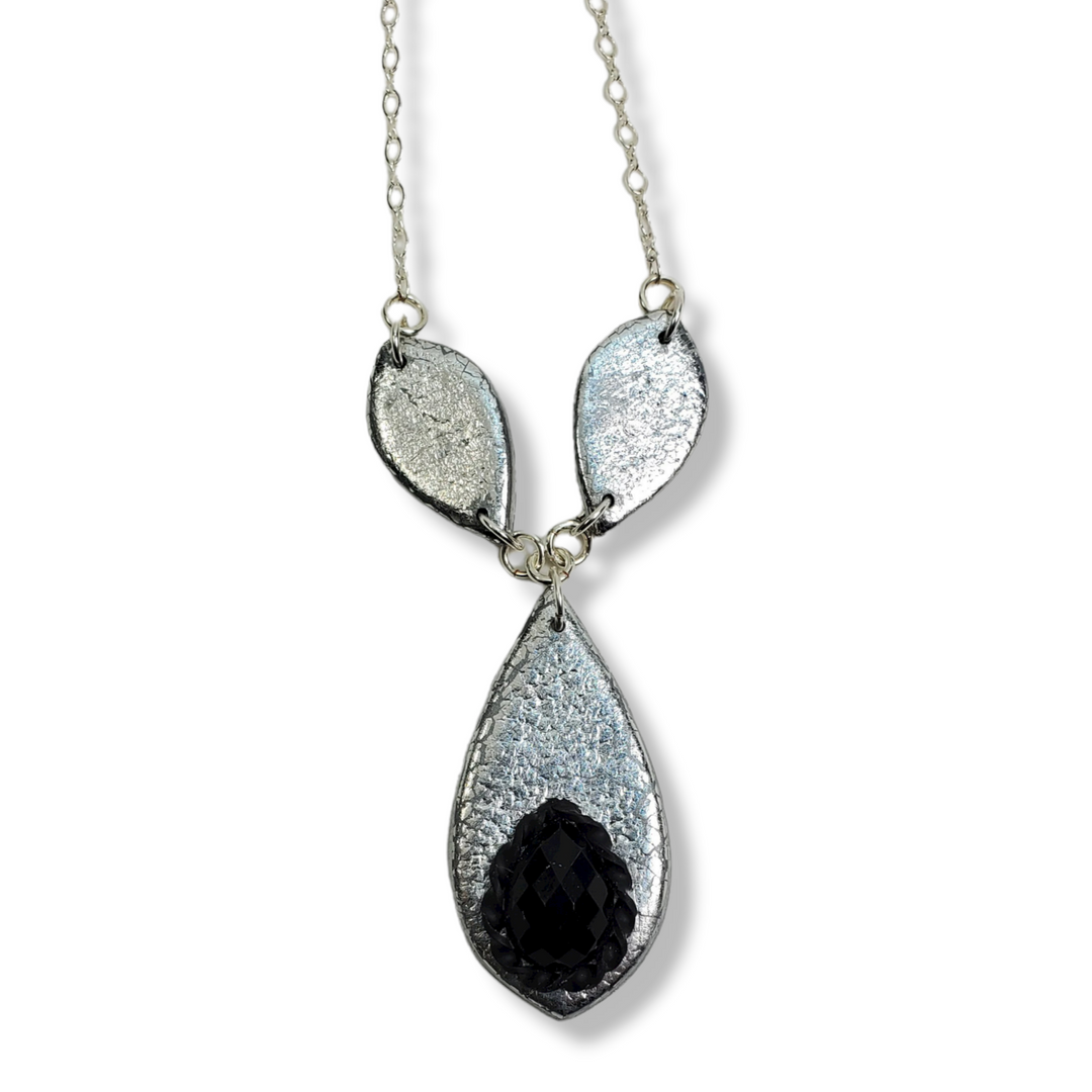 Black Crystal Leaf Link Necklace - Chrome-Necklace-Tiry Originals, LLC