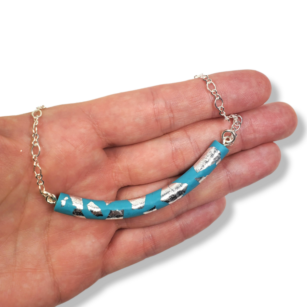 Half Moon Bar Necklace - Turquoise & Silver-Necklace-PMN23 TealSilver-Tiry Originals, LLC