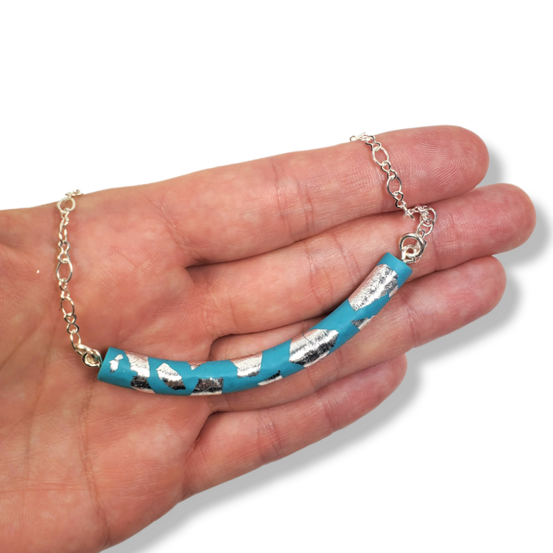 Half Moon Bar Necklace - Turquoise & Silver-Necklace-PMN23 TealSilver-Tiry Originals, LLC