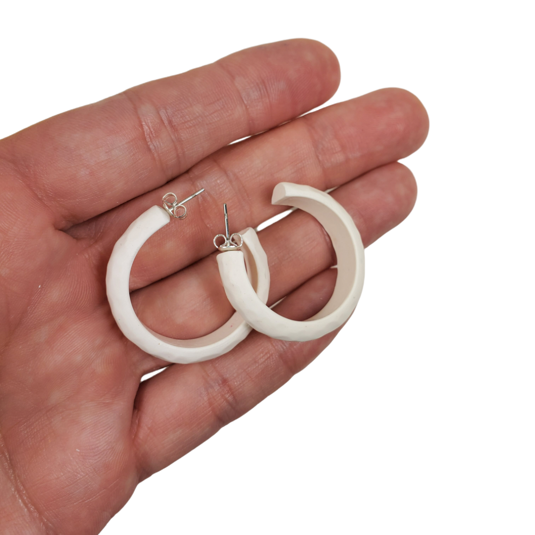 Hammered Hoop Earrings Medium - Solid Color - White-Earrings-Tiry Originals, LLC