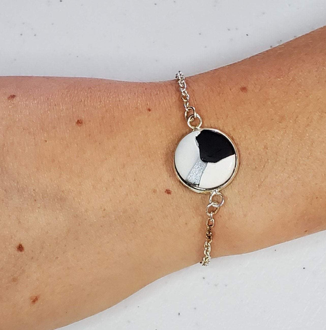 Large Charm Link Bracelet - Black & White Inlay Bracelet - Marble bracelet-Sale-PMB04 Black Silver White Matte-Black Silver White-Tiry Originals, LLC