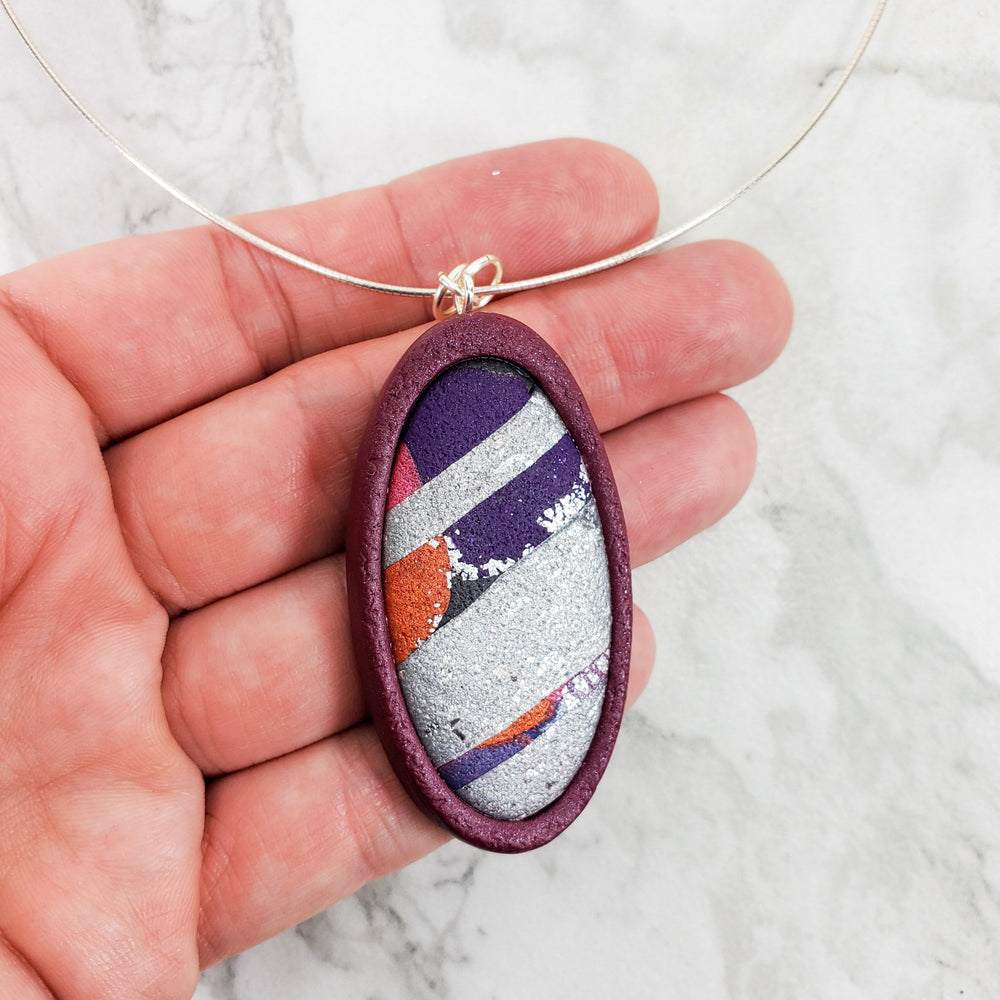 Large Oval Pendant - Marbled Inlay - Viva Magenta-Pendants-Tiry Originals, LLC