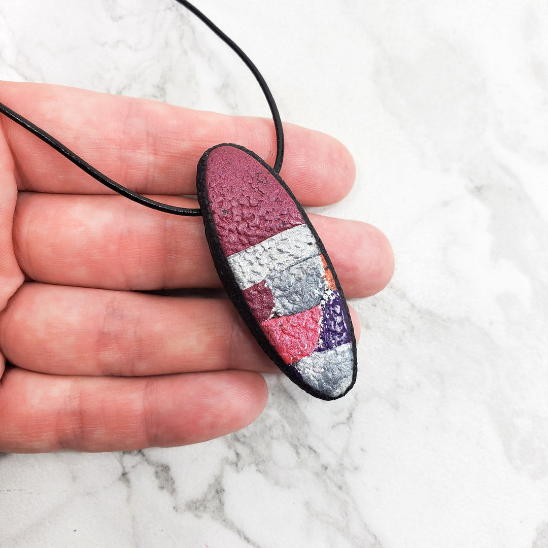 Long Oval Pendant - Marbled - Viva Magenta-Pendants-Tiry Originals, LLC