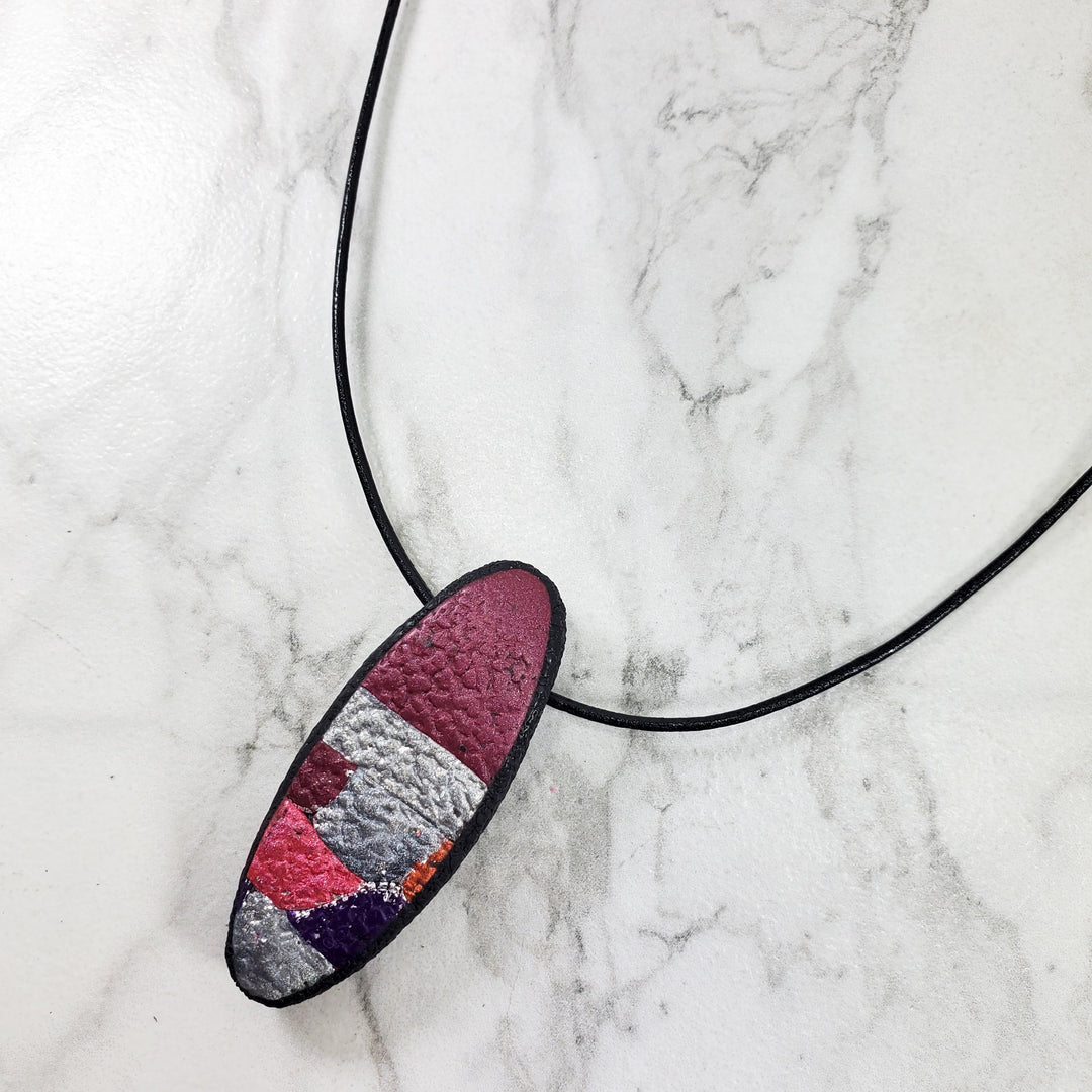 Long Oval Pendant - Marbled - Viva Magenta-Pendants--Tiry Originals, LLC