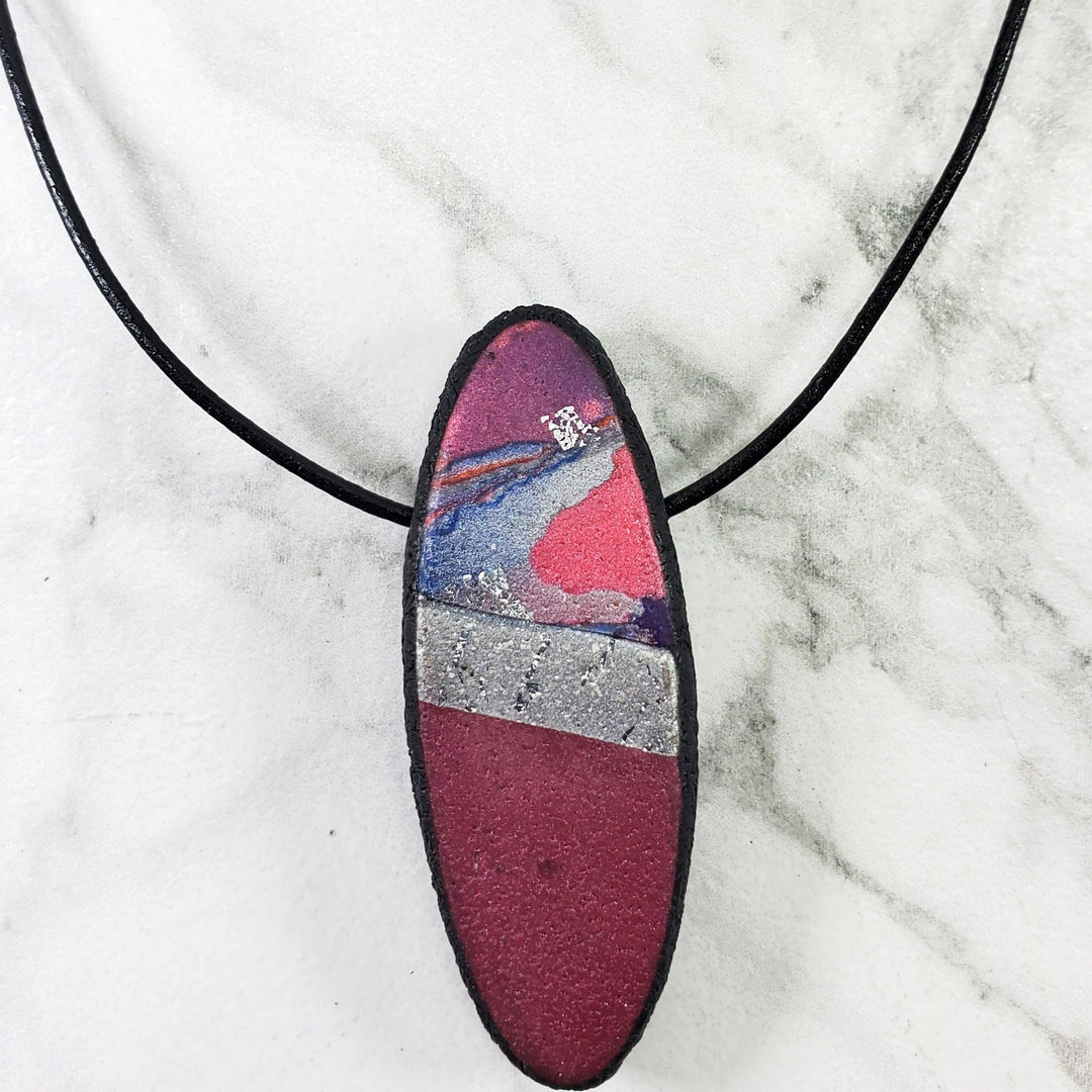 Long Oval Pendant - Marbled - Viva Magenta-Pendants--Tiry Originals, LLC