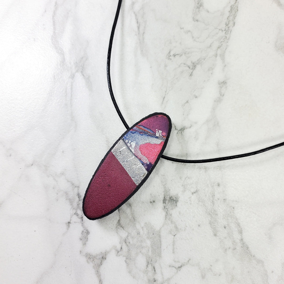 Long Oval Pendant - Marbled - Viva Magenta-Pendants--Tiry Originals, LLC