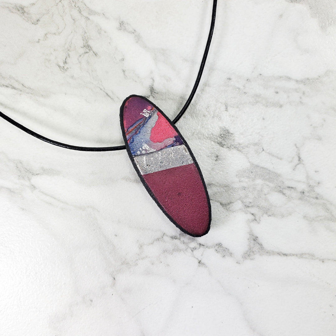 Long Oval Pendant - Marbled - Viva Magenta-Pendants--Tiry Originals, LLC