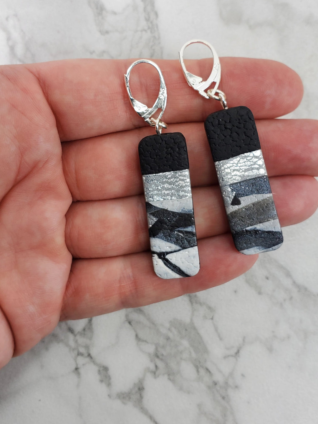 Long Rectangle Dangle Earring - Calacatta-Earrings-Tiry Originals, LLC