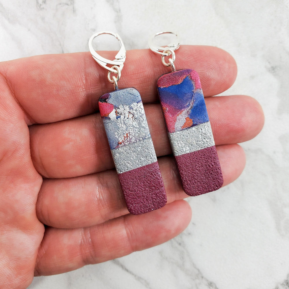 Long Rectangle Dangle Earrings - Marbled - Viva Magenta-Earrings-Tiry Originals, LLC