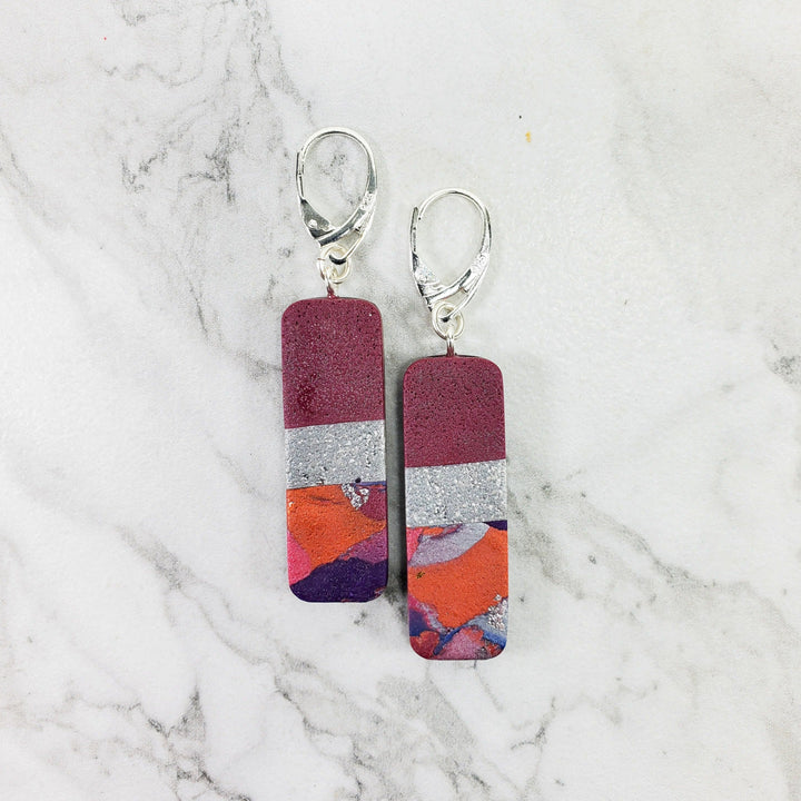 Long Rectangle Dangle Earrings - Marbled - Viva Magenta-Earrings--Tiry Originals, LLC