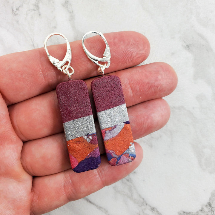 Long Rectangle Dangle Earrings - Marbled - Viva Magenta-Earrings-Tiry Originals, LLC