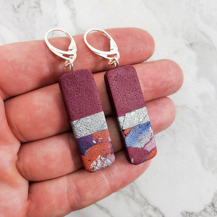 Long Rectangle Dangle Earrings - Marbled - Viva Magenta-Earrings-Tiry Originals, LLC