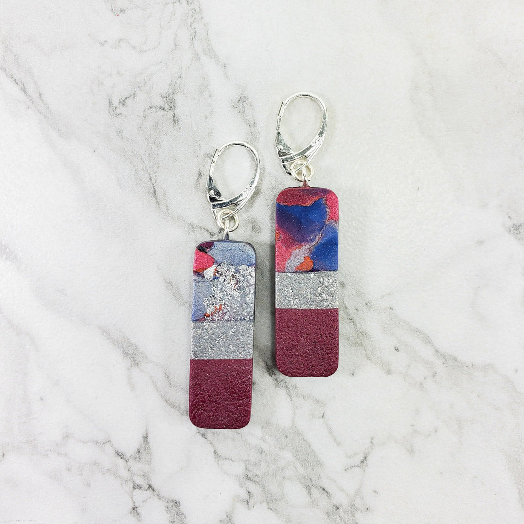 Long Rectangle Dangle Earrings - Marbled - Viva Magenta-Earrings--Tiry Originals, LLC