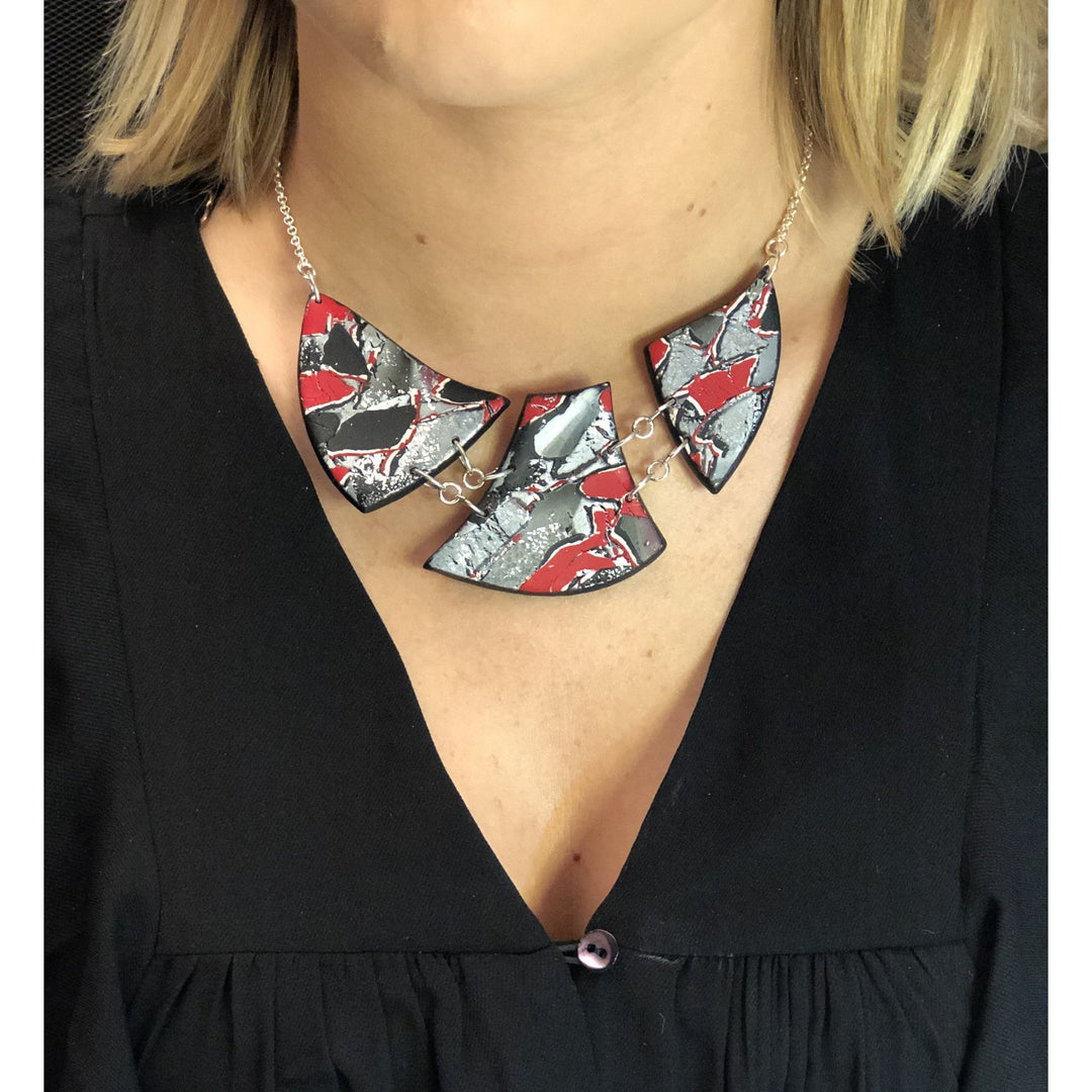 Marbled and Mosaic 3 Piece w/Link Necklace - Scarlett-Necklace-PMN05 Red-Red-Tiry Originals, LLC