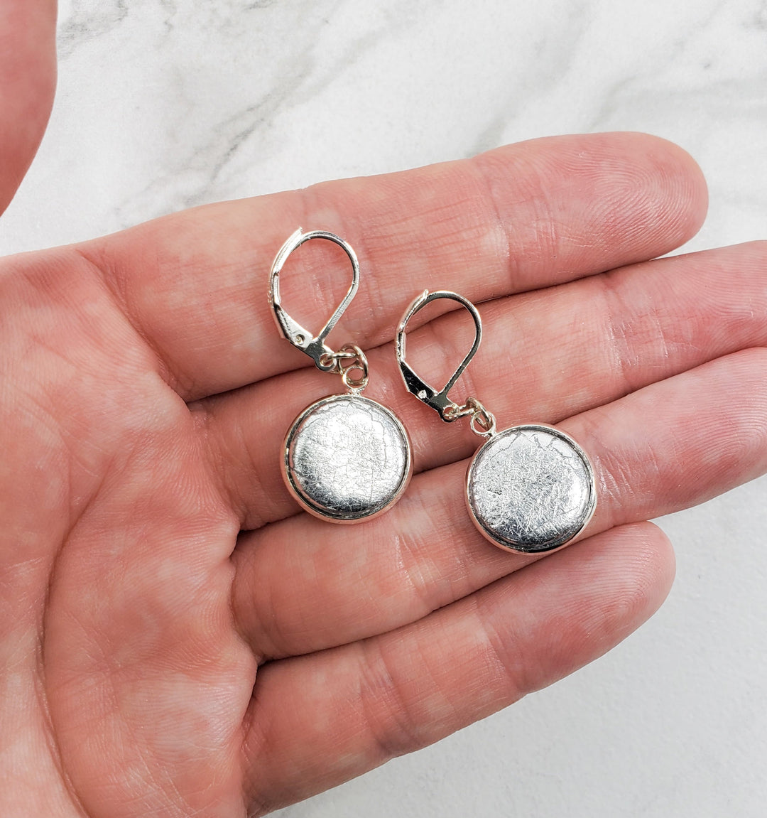 Round Bezel Dangle Earring - Chrome-Earrings-PME05 CTexture-Chrome - Textured-Tiry Originals, LLC