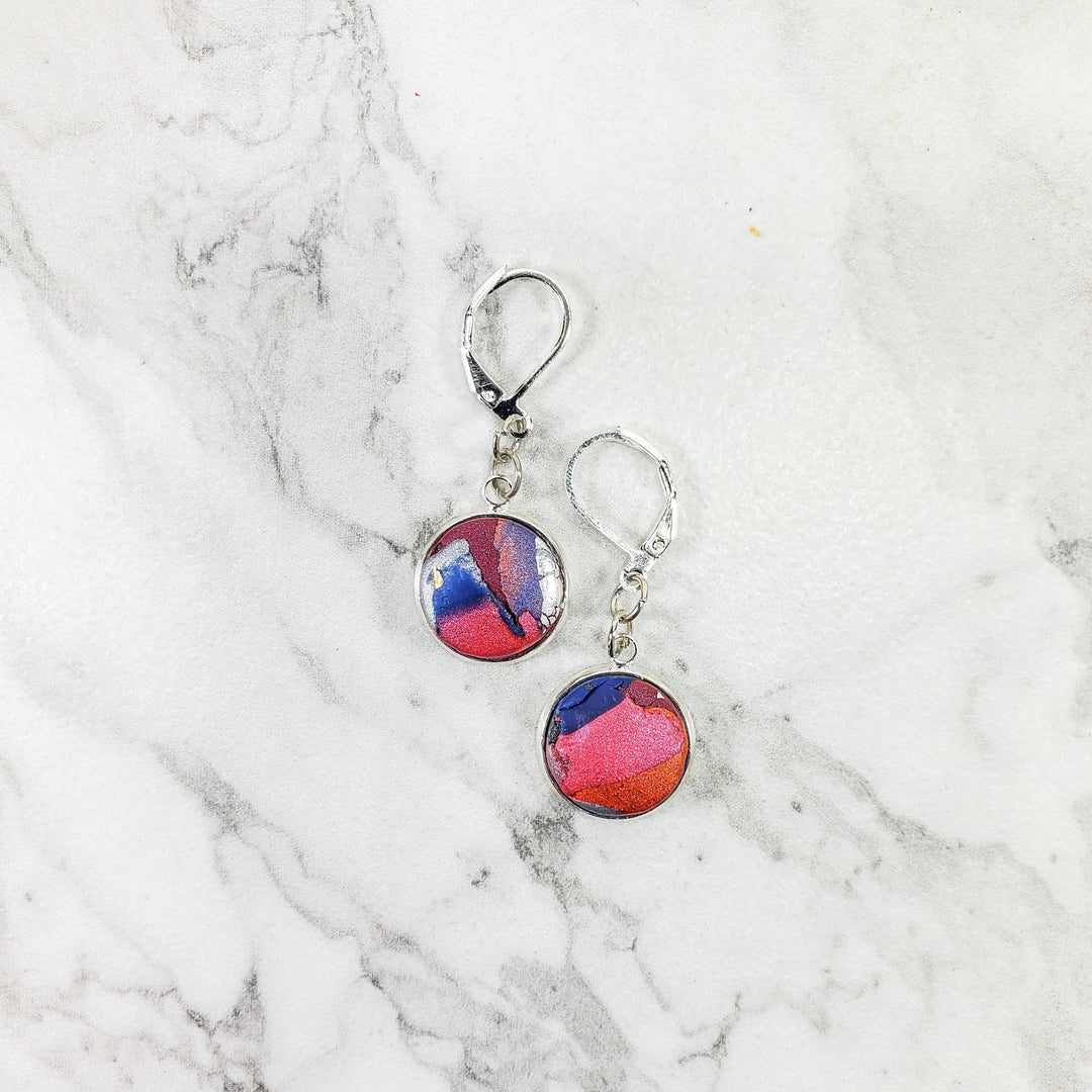 Round Bezel Dangle Earring - Marbled - Viva Magenta-Earrings--Tiry Originals, LLC