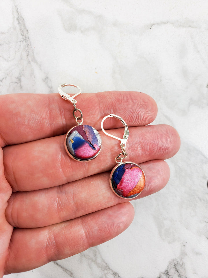 Round Bezel Dangle Earring - Marbled - Viva Magenta-Earrings-Tiry Originals, LLC