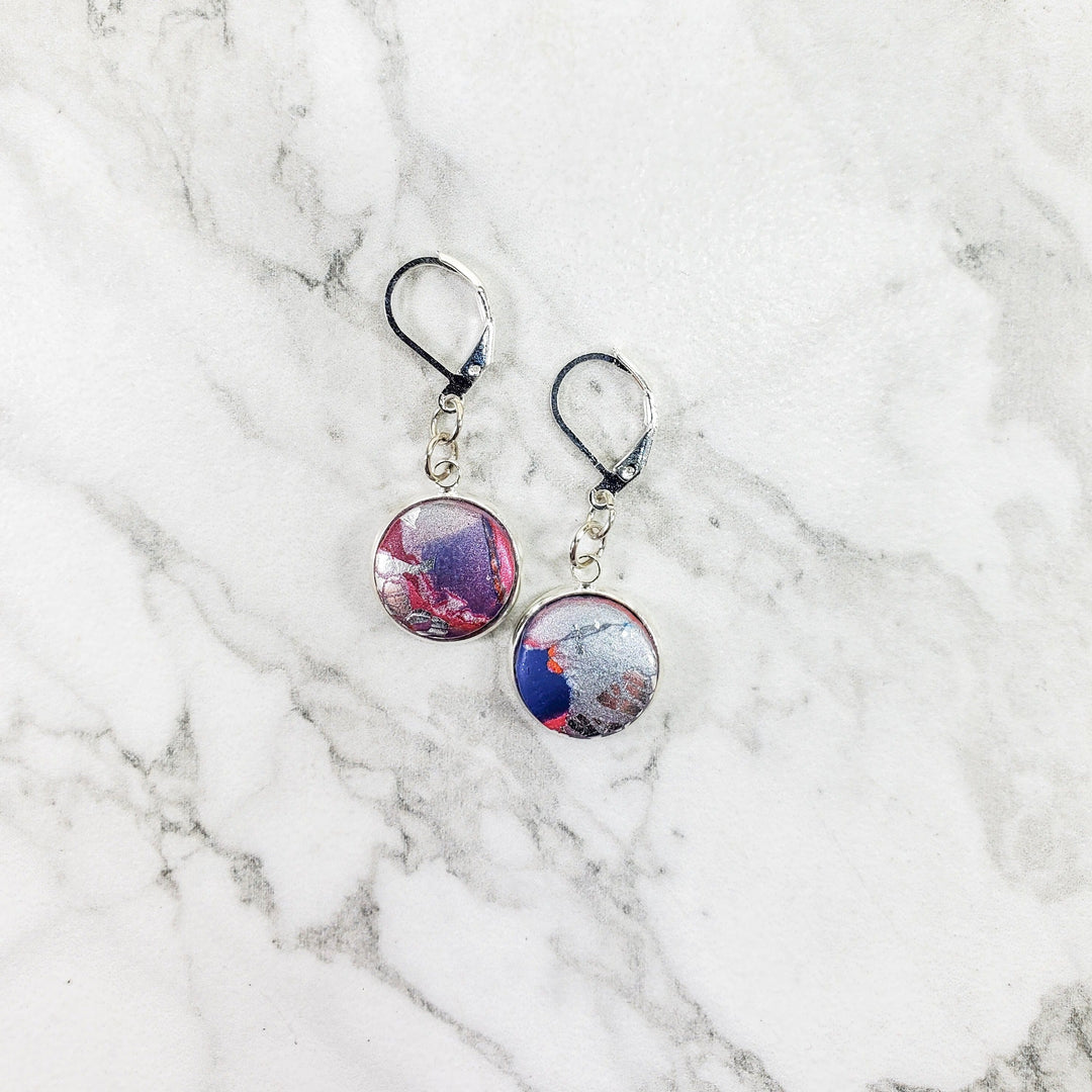 Round Bezel Dangle Earring - Marbled - Viva Magenta-Earrings--Tiry Originals, LLC