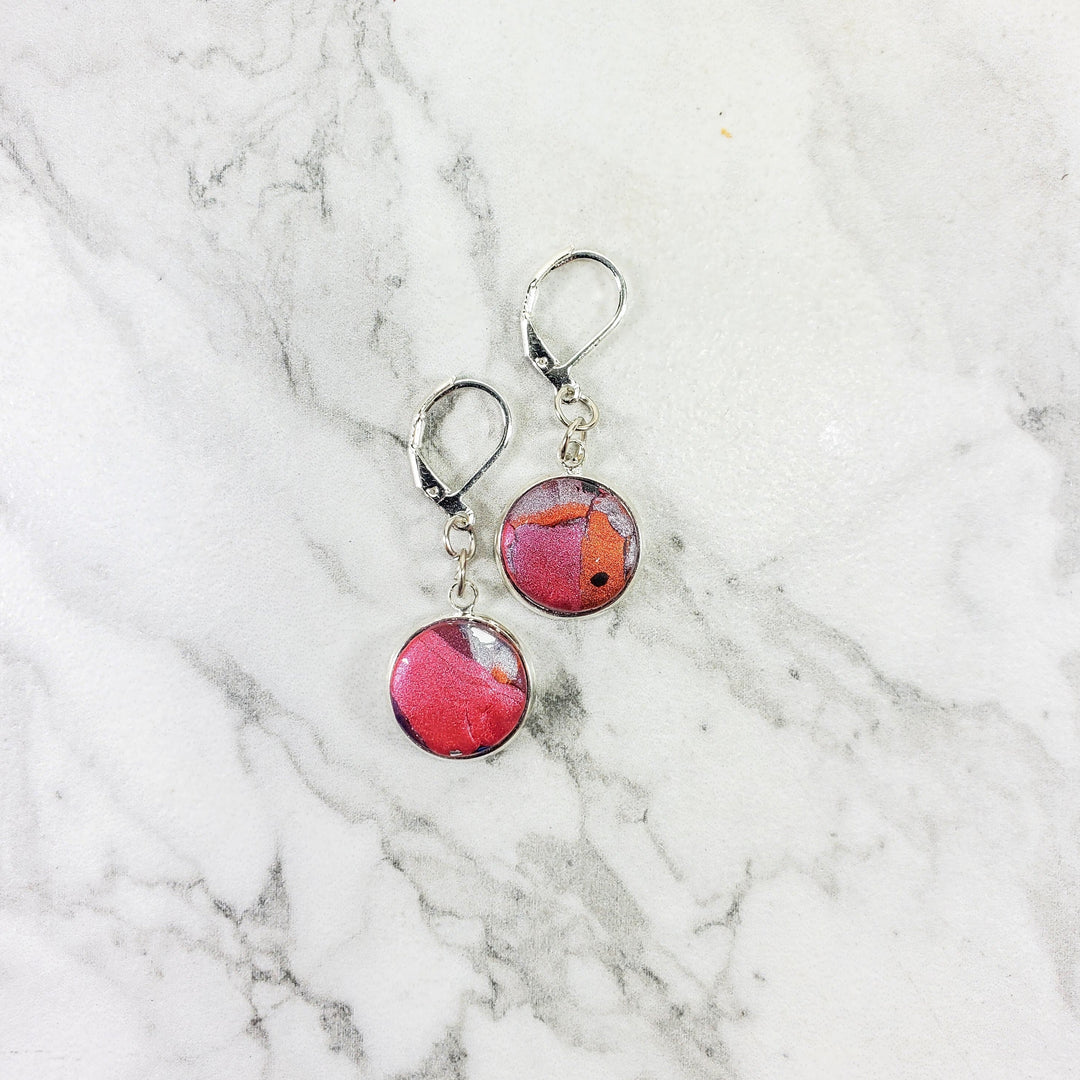 Round Bezel Dangle Earring - Marbled - Viva Magenta-Earrings--Tiry Originals, LLC