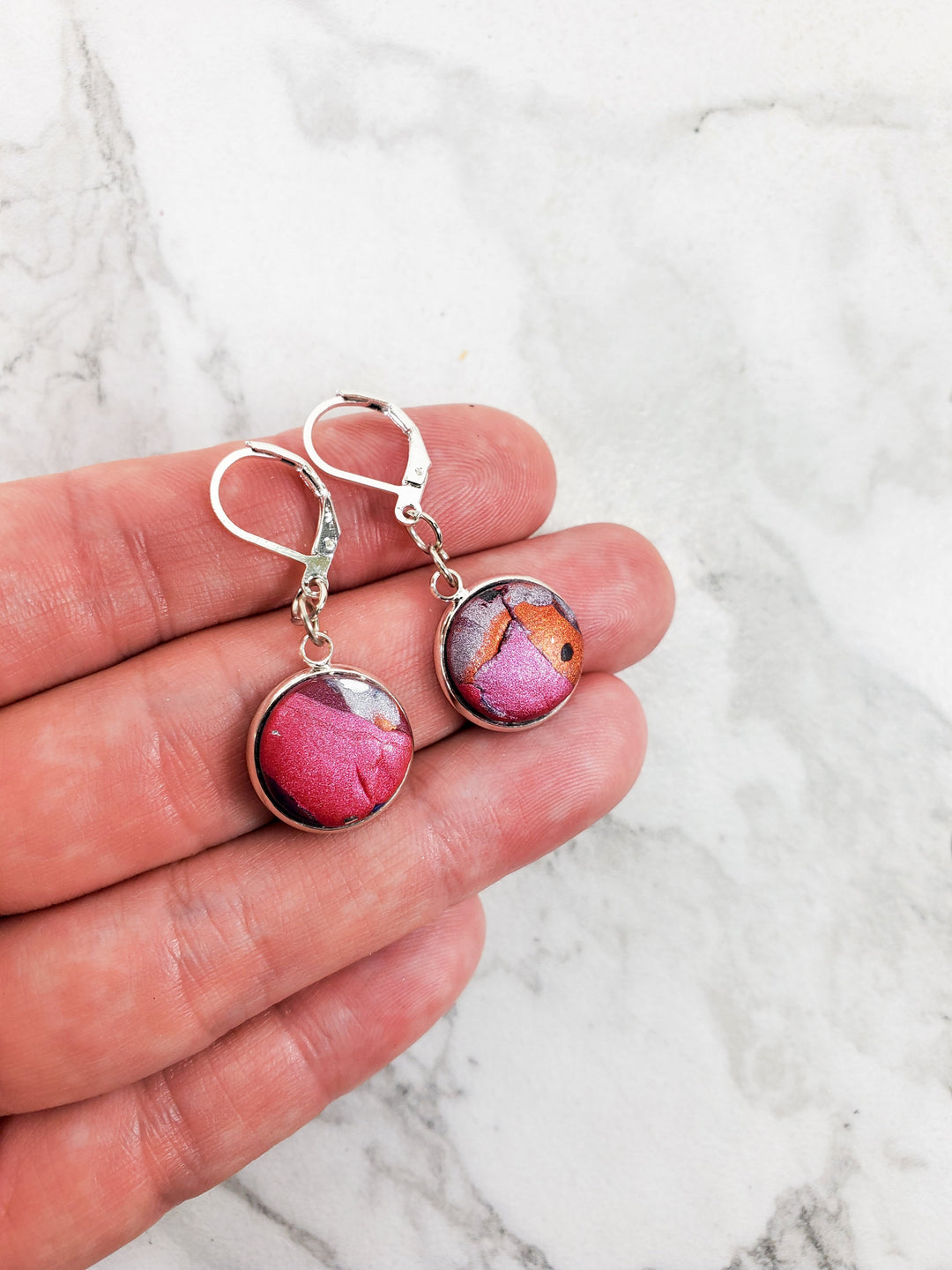 Round Bezel Dangle Earring - Marbled - Viva Magenta-Earrings-Tiry Originals, LLC
