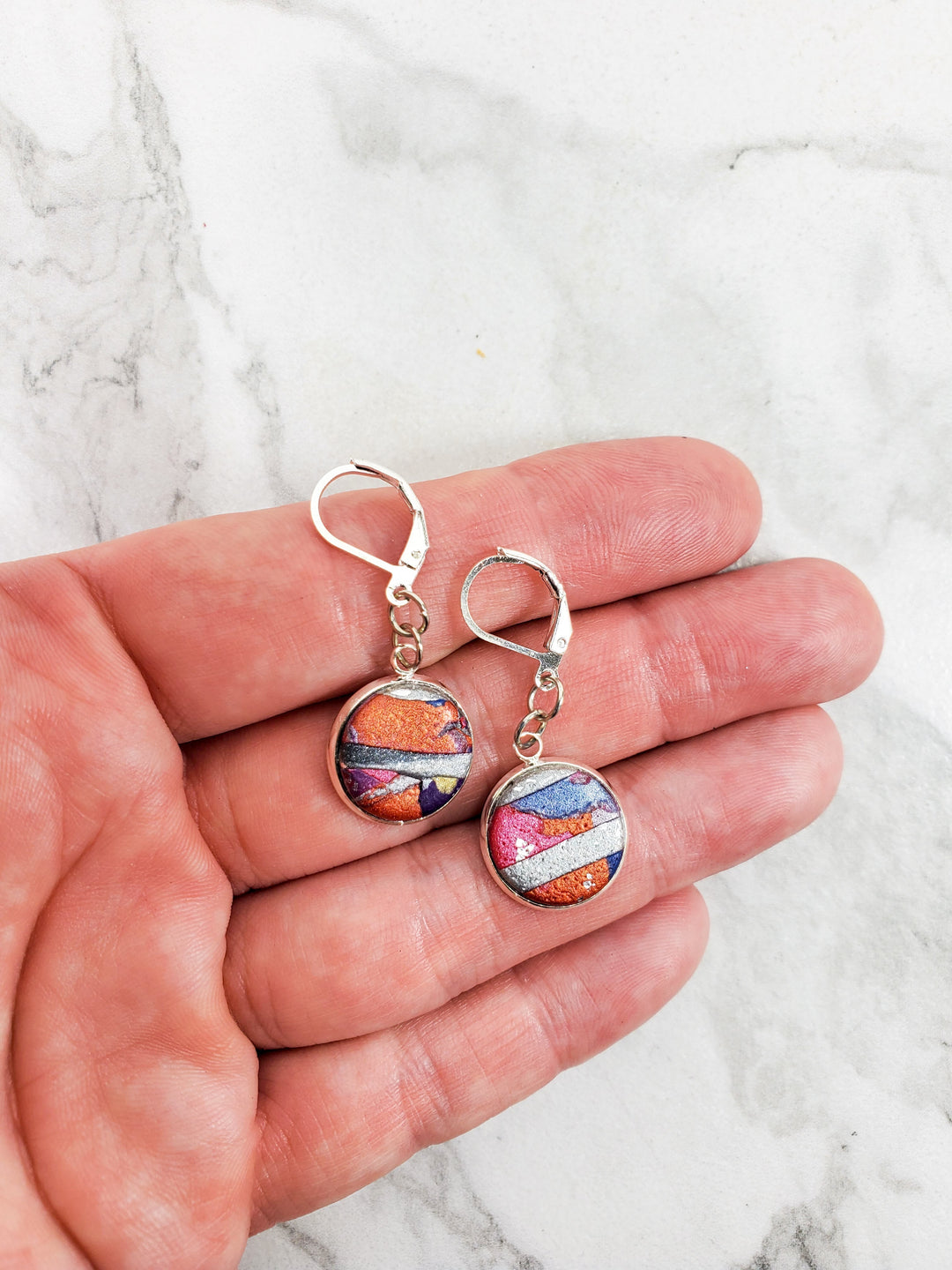 Round Bezel Dangle Earring - Marbled - Viva Magenta-Earrings-Tiry Originals, LLC