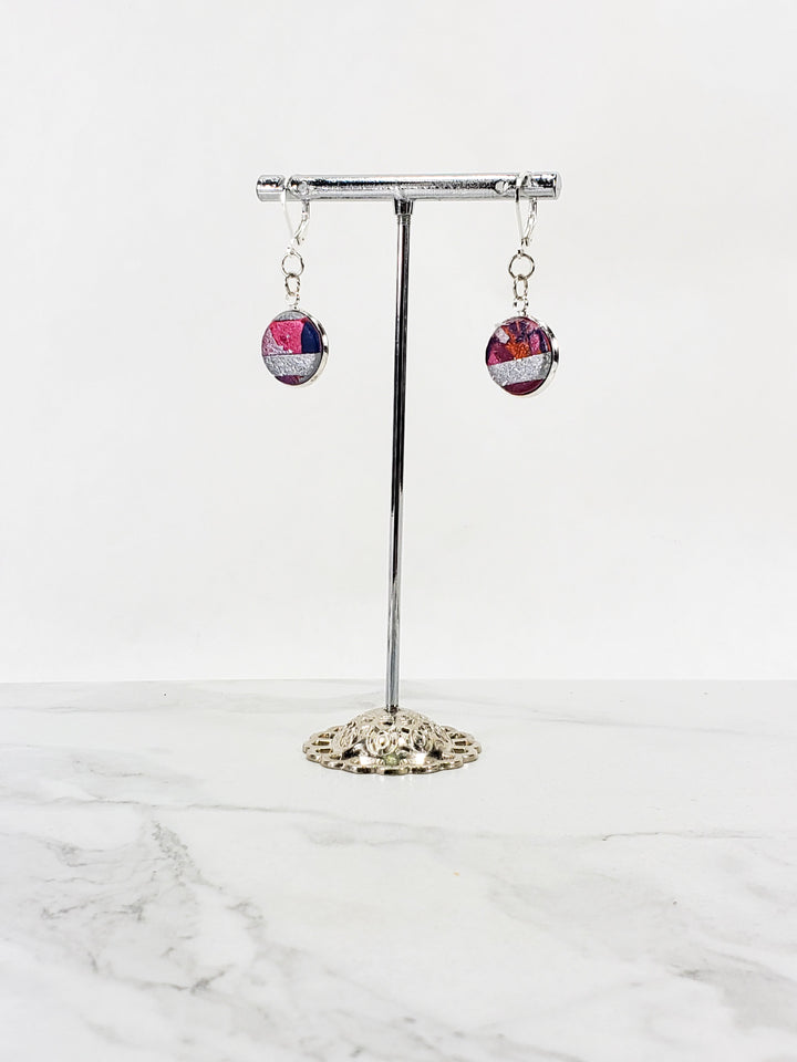 Round Bezel Dangle Earring - Marbled - Viva Magenta-Earrings--Tiry Originals, LLC