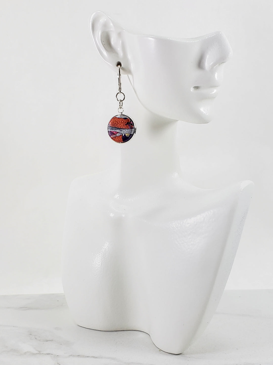 Round Bezel Dangle Earring - Marbled - Viva Magenta-Earrings--Tiry Originals, LLC