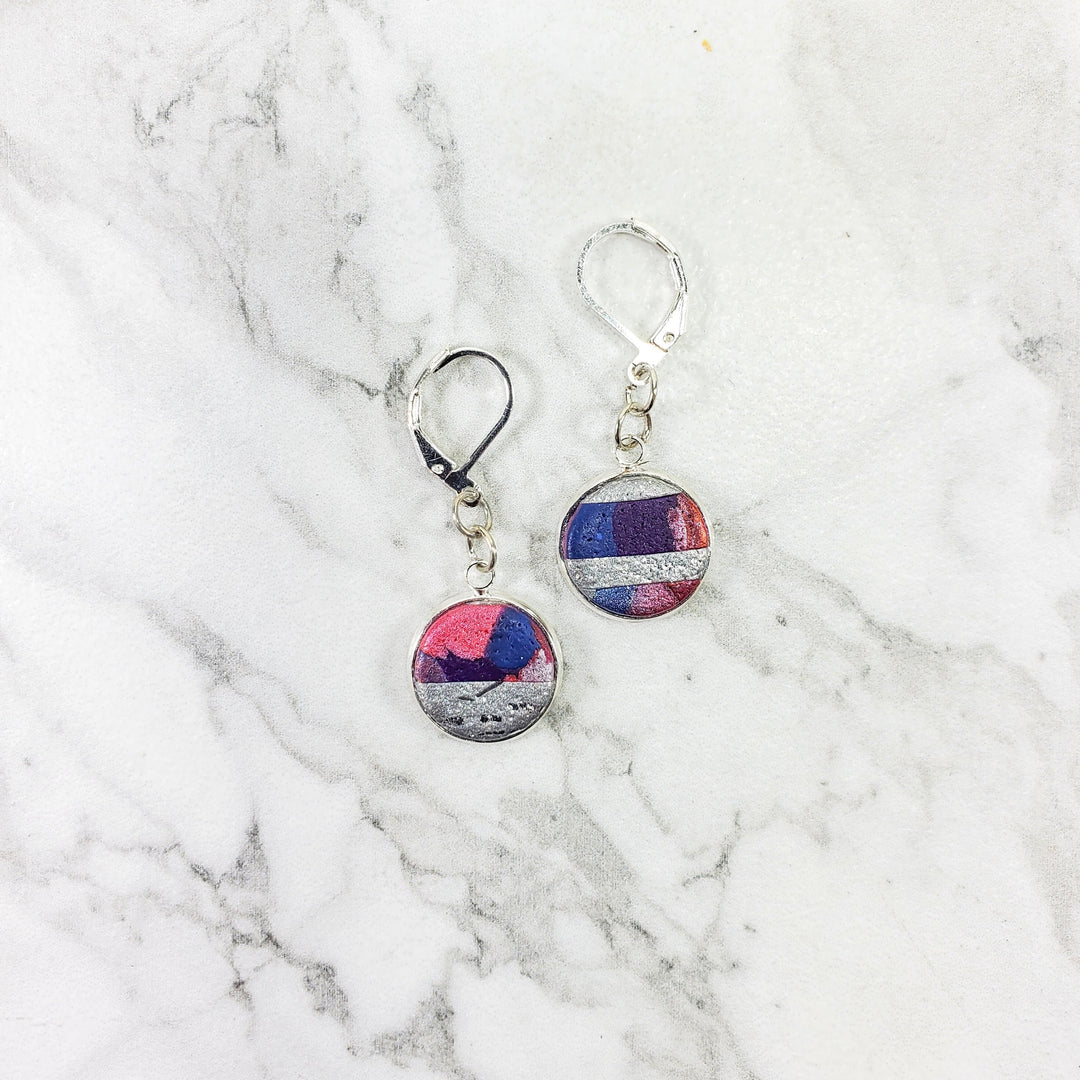 Round Bezel Dangle Earring - Marbled - Viva Magenta-Earrings--Tiry Originals, LLC