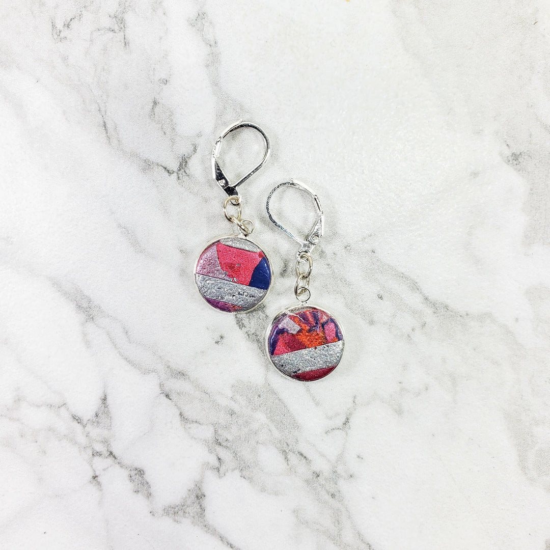 Round Bezel Dangle Earring - Marbled - Viva Magenta-Earrings--Tiry Originals, LLC