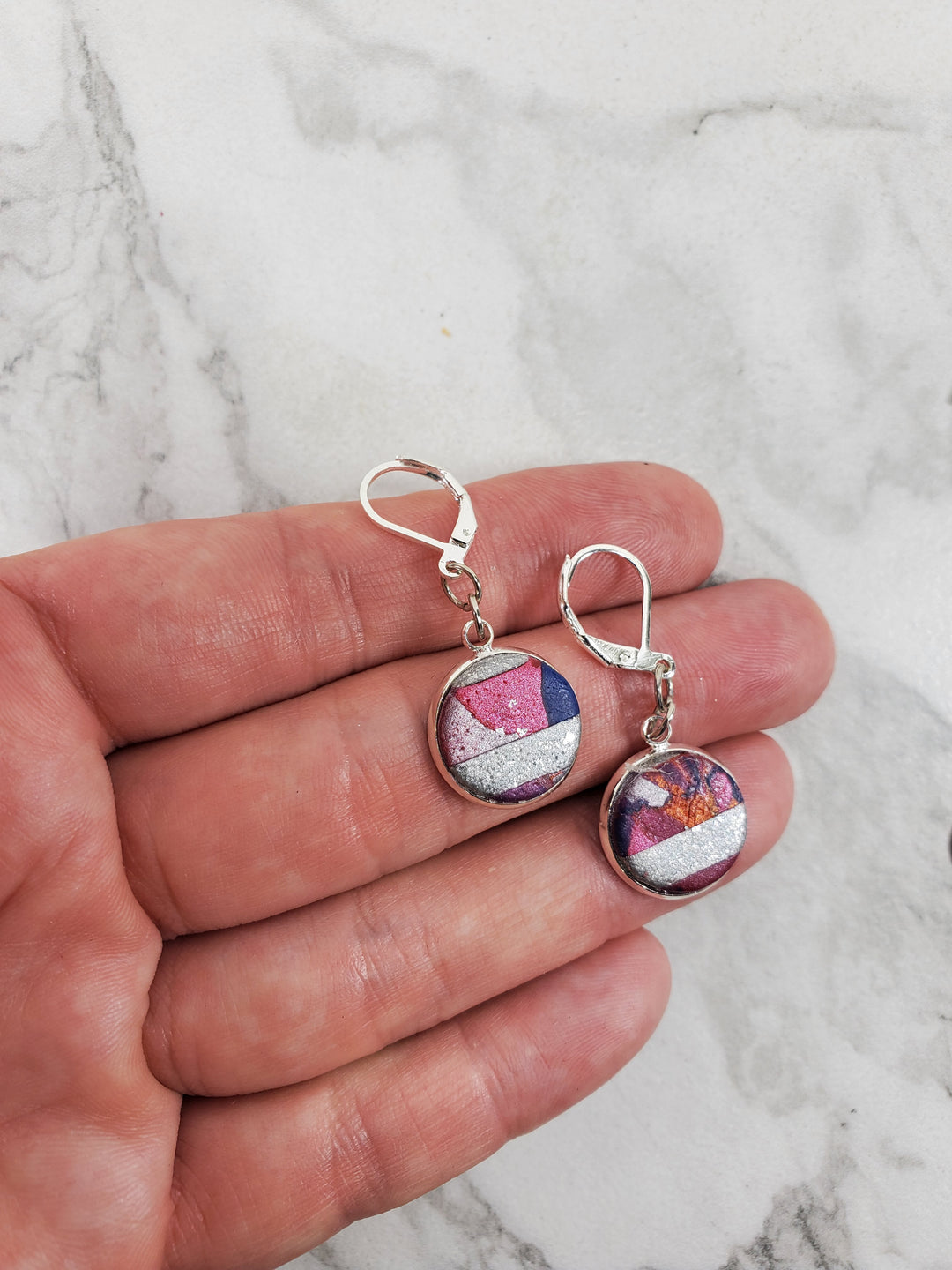 Round Bezel Dangle Earring - Marbled - Viva Magenta-Earrings-Tiry Originals, LLC