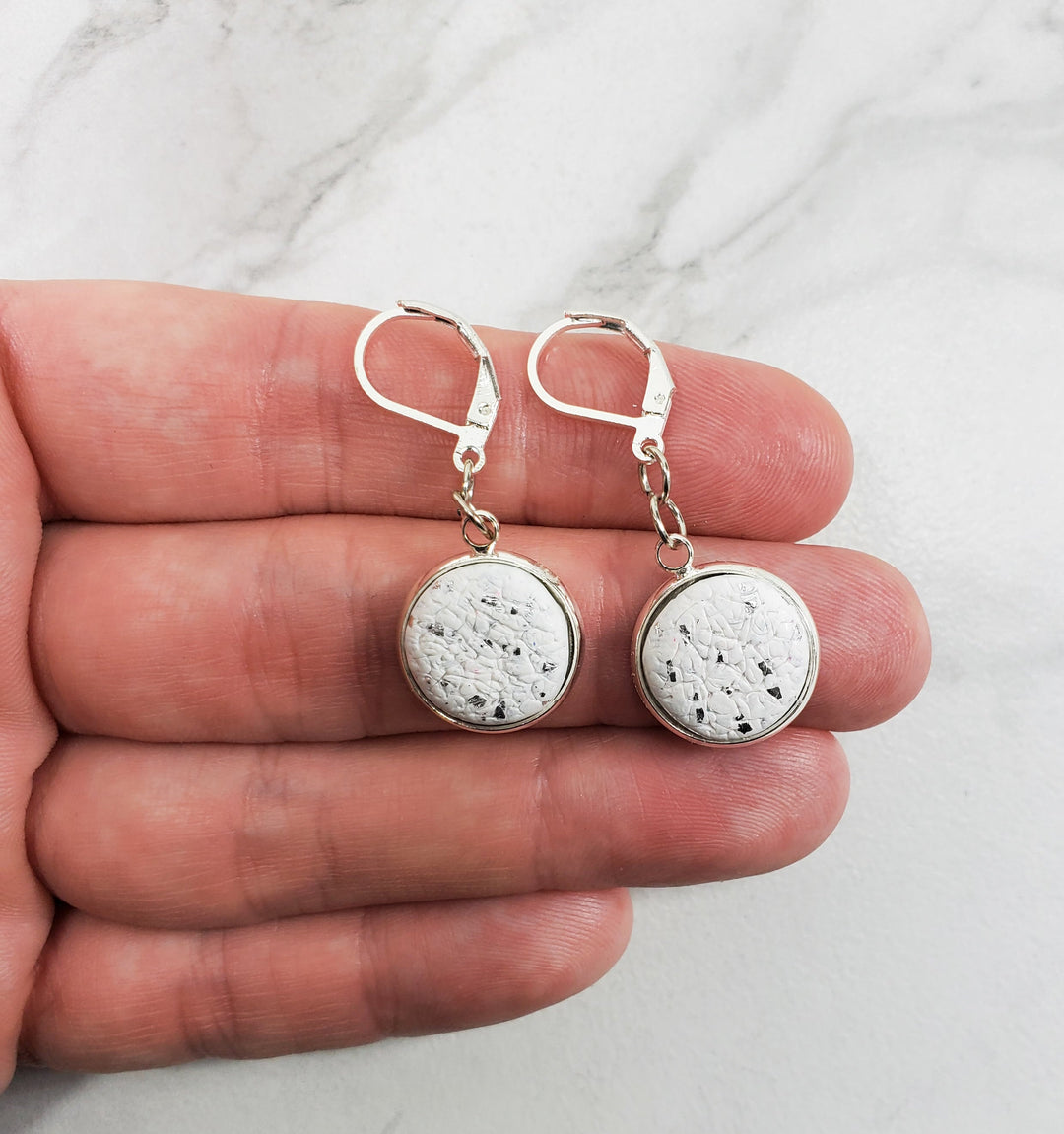 Round Bezel Dangle Earring - Solid Colors-Earrings-PME05 White-Sparkly White Texture-Tiry Originals, LLC