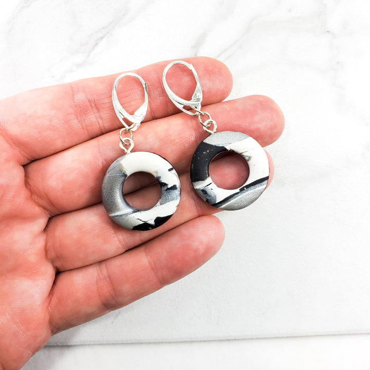 Round Cutout Ring Dangle Earring - Calacatta-Earrings-PME97 BW-2-Option #2-Tiry Originals, LLC