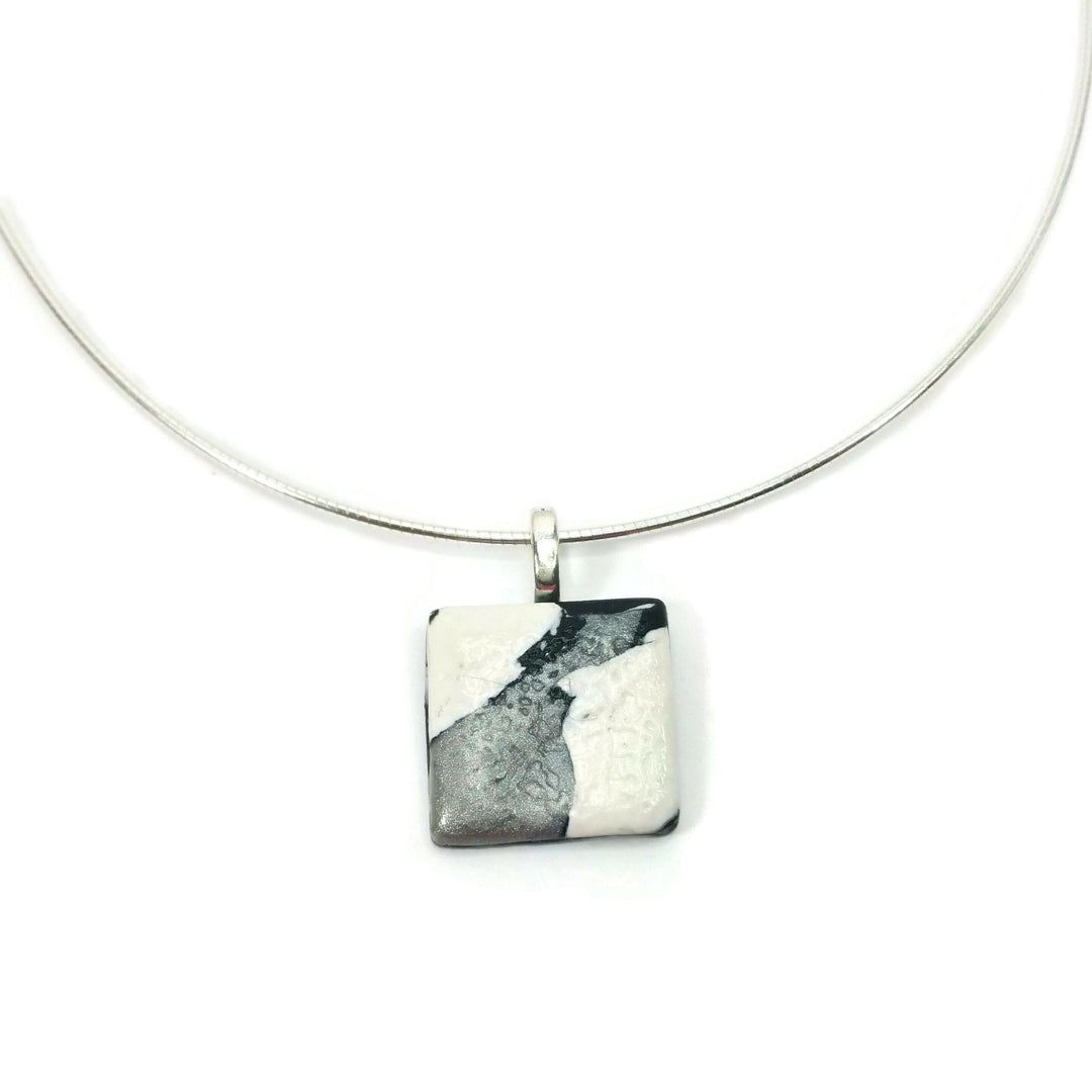 Simple & Classic Square Mosaic Pendant - Black White Silver Clay Pendant - Handmade Marble Clay Simple Pendant-Sale-PMP67-Black and Silver-Tiry Originals, LLC