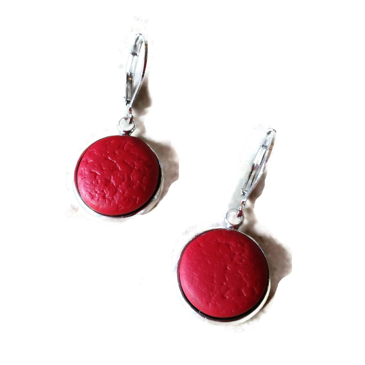 Simple Red Round Dangle Earring - Sterling Silver Base - Modern Contemporary Geometric Round Earring-Sale-PME05 Mred-Matte Red Texture-Tiry Originals, LLC