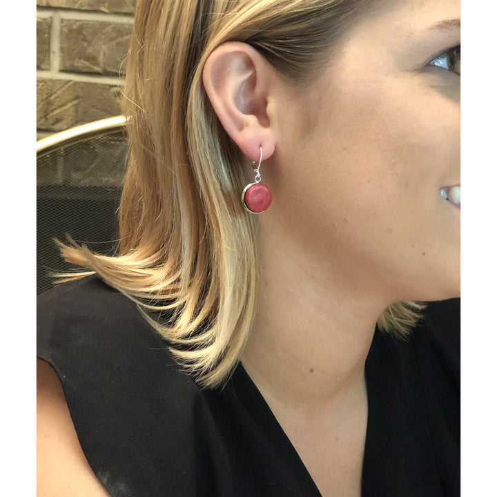Simple Red Round Dangle Earring - Sterling Silver Base - Modern Contemporary Geometric Round Earring-Sale-Tiry Originals, LLC