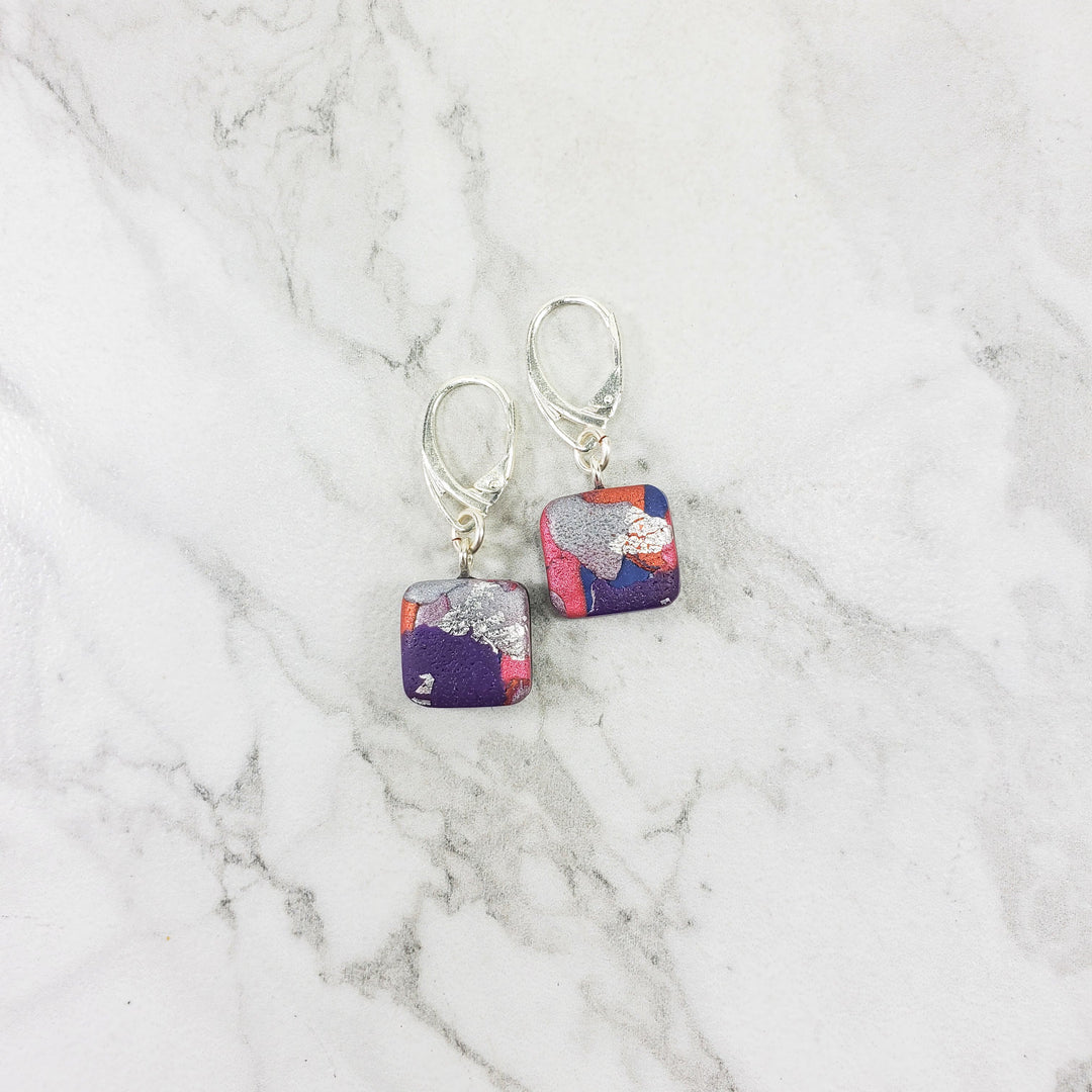 Square Dangle Earring - Marbled - Viva Magenta-Earrings--Tiry Originals, LLC