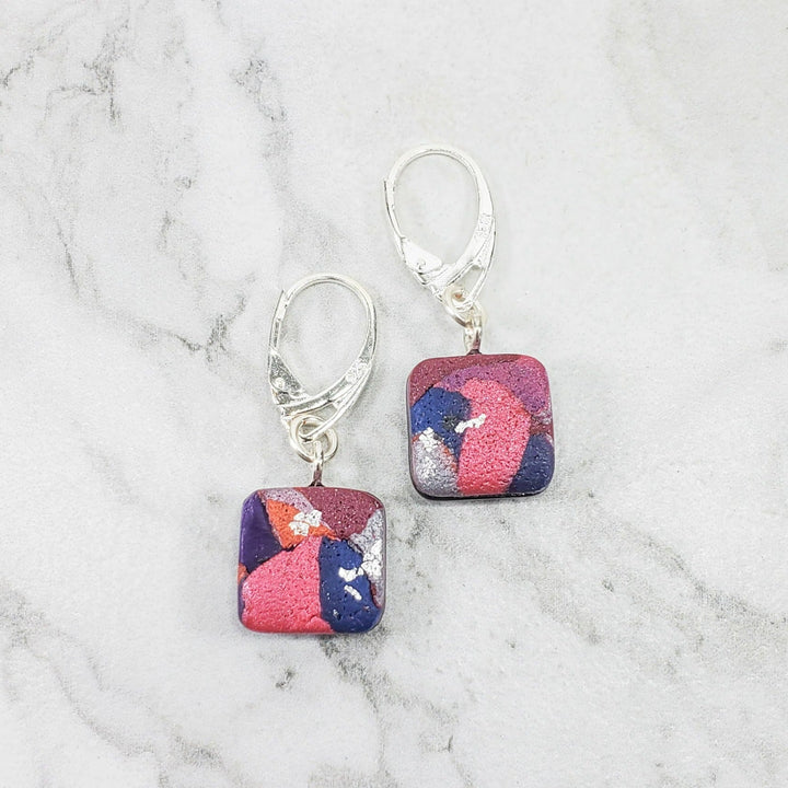 Square Dangle Earring - Marbled - Viva Magenta-Earrings--Tiry Originals, LLC